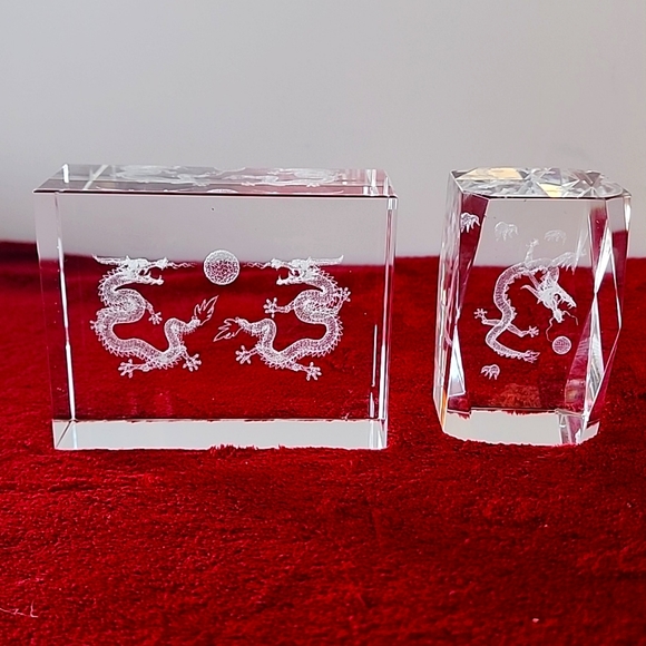 Set of 2, Laser Cut 3D Dragon Paperweights Block Desk Cube. - Picture 1 of 14
